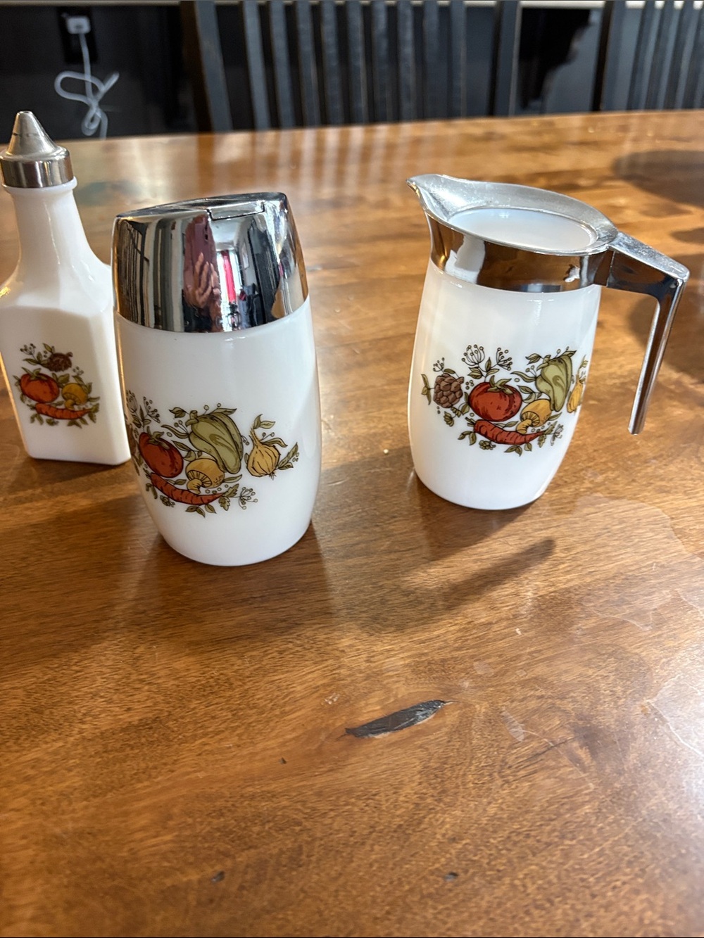 Vintage Dominion Glass Spice of Life Cream and Sugar and Vinegar Set